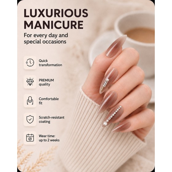 Tea‑Brown Ombre Almond Press‑On Nails, Gentle Nude Long False Nails With Pearls & Rhinestones For Daily & Party